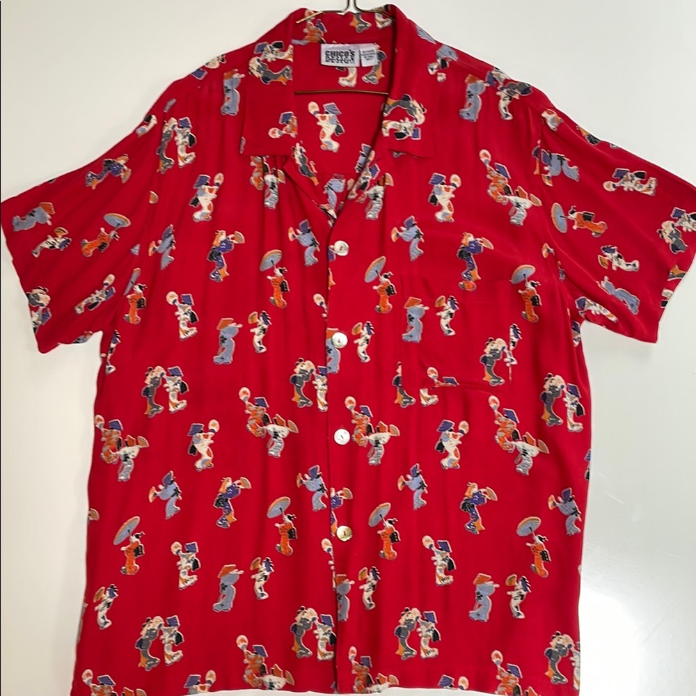 Vintage Chico’s red camp shirt with blue Japanese figures